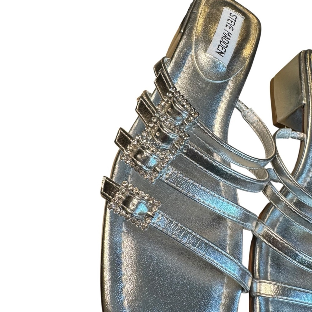 Steve Madden Silver Rhinestone Buckle Sandals Block Heel Event Size 7 - Picture 2 of 6